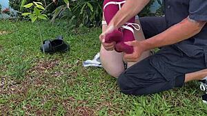 Beautiful Blonde Bound Outdoors for Tickling and Sock Caresses