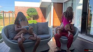 Two couples fucking outside at the home swimming pool party with cum covered teens