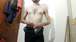 Skinny cutie strokes huge cock in bathroom solo session