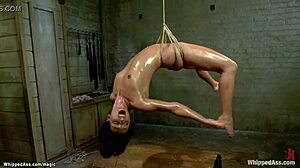 Tight bodied lesbian hard whipped, big tits gagging bound domination.