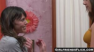 sexy brunette and curvy babe kiss sensually before hard lesbian fucking!