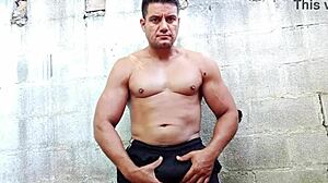 yuri gaucho brazilian bear bodybuilder gives naked handjob with armpit action leading to monster cock cumload