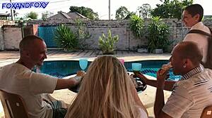 naughty 18 girl almost caught fucking with dads friend in doggy position right behind daddys back and get cum in mouth