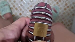 asian guy pees in chastity belt on cock