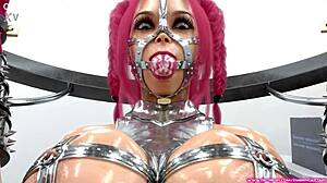 Redhead slave captured and bound in metal bondage 3d bdsm animation with big tits mature cartoon femdom boobs outfit sexy tits.