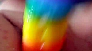 chubby brunette uses rainbow dildo for anal gaping and creampie