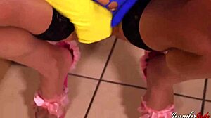 British horny MILF masturbates wildly in the kitchen