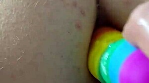 chubby brunette uses rainbow dildo for anal gaping and creampie