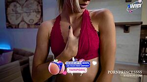 pov sex with hot blonde in red lingerie ended with oral creampie