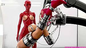 Redhead slave captured and bound in metal bondage 3d bdsm animation with big tits mature cartoon femdom boobs outfit sexy tits.