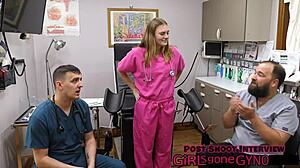 Blonde cheerleader Tyler Lynn undergoes a detailed sports physical with natural tits exposed