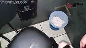 old slut swallows cum from strangers at gloryhole and humiliates cuckold