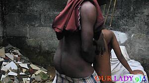 the lucky security man caught the skinny ebony cook with big tits in the backyard. he drilled her hard for a wet creampie!