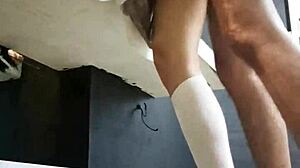 sexy schoolgirl gets her thong ripped off and fucked hard from behind.