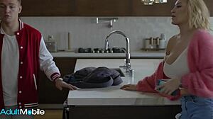 Lucky stepson sucks and fucks stepmom on the sofa, cumming on her tits