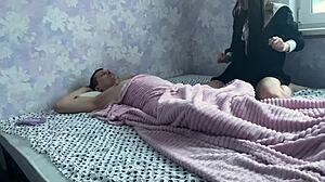 stepdaughter sneaked into stepfather's bed late at night. they had intense sex together