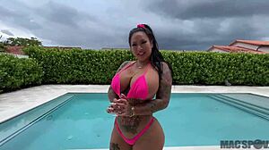 Thick Asian Neighbor Connie Perignon BUSTED for Skinny Dipping. Jmac POUNDS Her by My Pool!