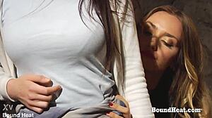 Bent over lesbian slave with big tits endures strapon punishment in bondage bdsm scene