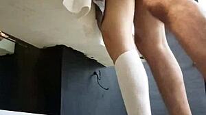 sexy schoolgirl gets her thong ripped off and fucked hard from behind.