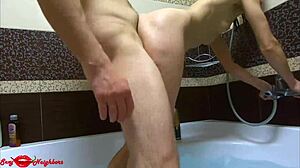 Hot Petite Girl Gives Blowjob in Shower, Doggystyle Handjob in Wet Bathroom Bath