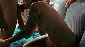 couple chats online before bent over doggystyle on couch