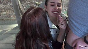 hey, we sucked his huge cock together on vacation. it was a wild public threesome blowjob with cum swapping!