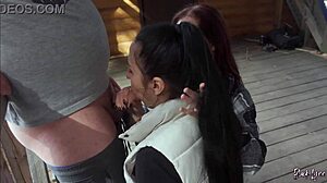 Sucking his huge cock together on our outdoor vacation threesome.