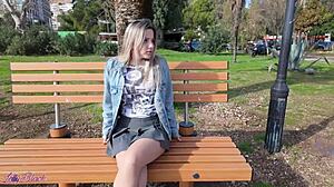 cute blonde milf walking outdoors with vibrator