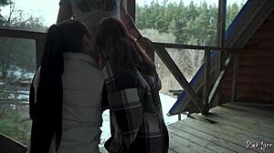 Sucking his huge cock together on our outdoor vacation threesome.