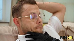 Beautiful Blonde Nerd in Stockings Experiences First Rimjob Fetish with Rich Man