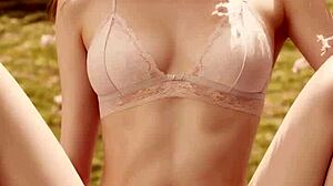 Lingerie Models Pose Barefoot Under Cherry Blossom Trees.