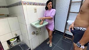 Helping Skinny Stepdaughter Wash Bathroom for Tight Pussy Draining Every Drop