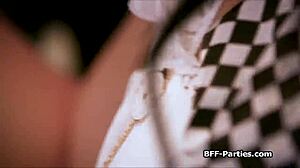 Tea party in cosplay turns intriguing foursome with blowjobs on big cocks in Wonderland.