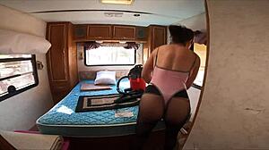 Is This Housewife Flashing In RV Camping With Thong And Pantyhose?