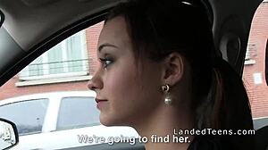 shaved teen hitchhiker gives blowjob in public