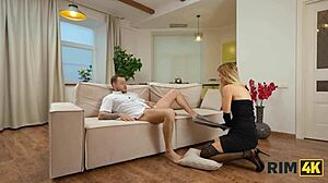 Beautiful Blonde Nerd in Stockings Experiences First Rimjob Fetish with Rich Man