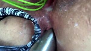 Masterbates with thong in kitchen