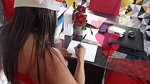 Beautiful Peruvian woman flashes her big clit while waiting for delivery.