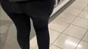 Latina slut flashes ass in store and masturbates