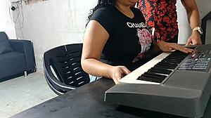 piano teacher disciplines his naughty young student in the classroom