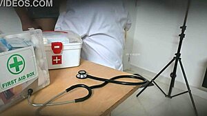 Doctor secretly giving blowjob in the clinic, sucking cock while patient watches