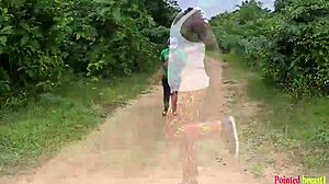 Descriptive Ebony queen transforms morning workout into wild bush banging with village trainer.