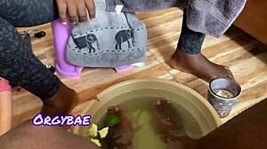 Ebony Wife Teases Her Cuckold Husband With Feet In Lingerie. Foot Fetish Couple Series