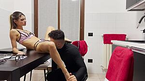 the italian secretary seduces her boss, licking his cock before he fucks her shaved pussy and cums on her face.