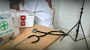 Doctor secretly giving blowjob in the clinic, sucking cock while patient watches