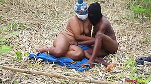 Descriptive Ebony queen transforms morning workout into wild bush banging with village trainer.