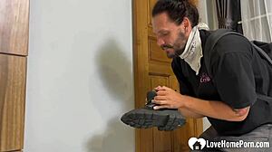 Bound babe in stockings gets teased and wrapped up