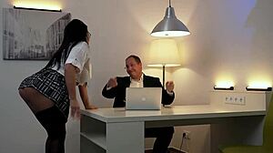 Curvy secretary Arish Lamborghini in stockings and miniskirt roleplays seduction at the office, bending over for blowjob and hard fucking her big ass