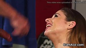 damn, look at this sexy hottie taking a sperm shot right on her face... swallowing every drop!