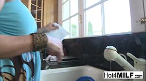 big tit brunette milf gets her pussy fucked hard in the kitchen, ending with a facial